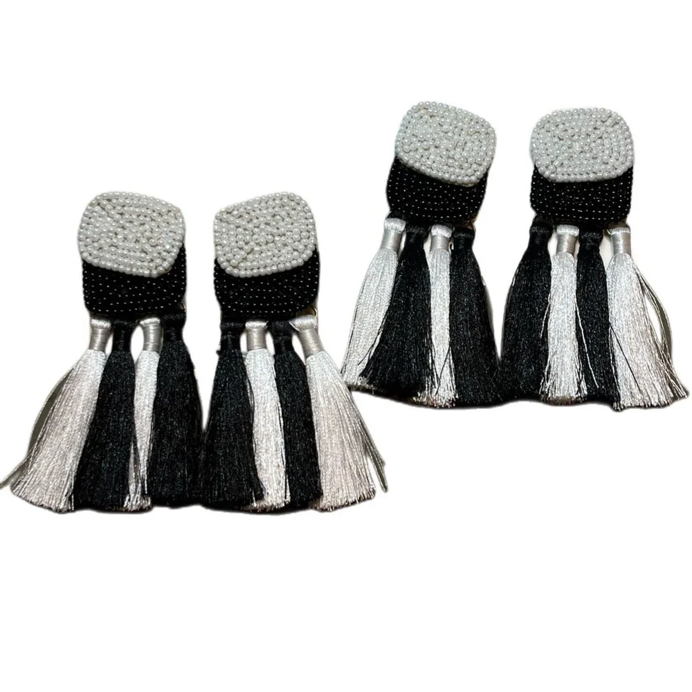 Mud Pie Women's Beaded Black & White Tassel Earrings-Pierced/Hypoallergenic NWT